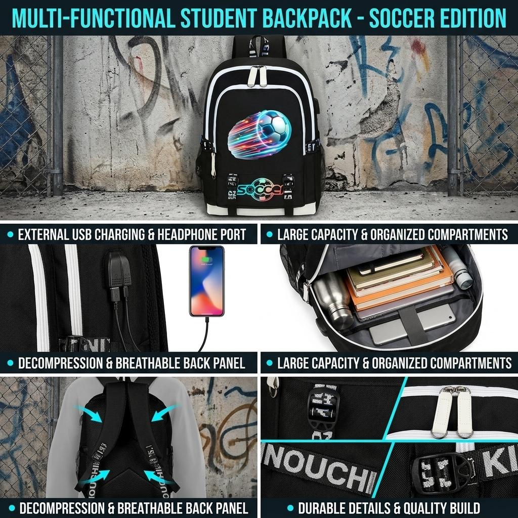 World Cup Soccer Star Print Student Backpack USB Charging Port Breathable Wear Resistant Ergonomic Weight Relief School Bag Large Capacity Laptop Backpack For Boys Girls School Travel Daily Commute Sturdy Construction