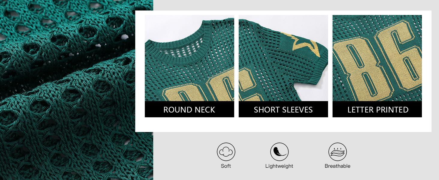 HYPESTFIT Men's Jacquard Hollow Out Knitted Sweater Shirt Street Life  Number Graphic Round Neck Shrt Sleeve Pullovers Top Football Style  Casual Knitwear