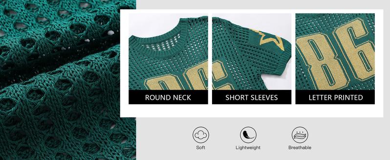 HYPESTFIT Men's Jacquard Hollow Out Knitted Sweater Shirt Street Life  Number Graphic Round Neck Shrt Sleeve Pullovers Top Football Style  Casual Knitwear