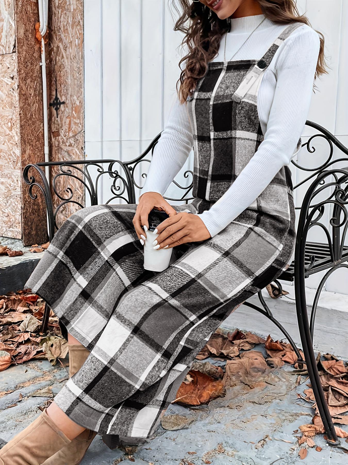 Women's Plaid Wide Leg, Elegant Square Neck Romper, Fitted Woven Fabric, Spring & Fall Fashion, Moderate Thickening, Casual Style Jumpsuit