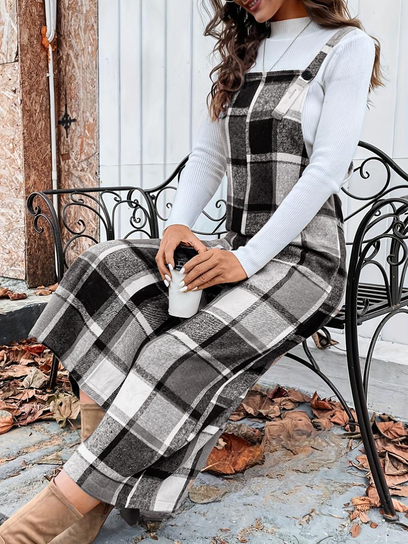 Women's Plaid Wide Leg, Elegant Square Neck Romper, Fitted Woven Fabric, Spring & Fall Fashion, Moderate Thickening, Casual Style Jumpsuit