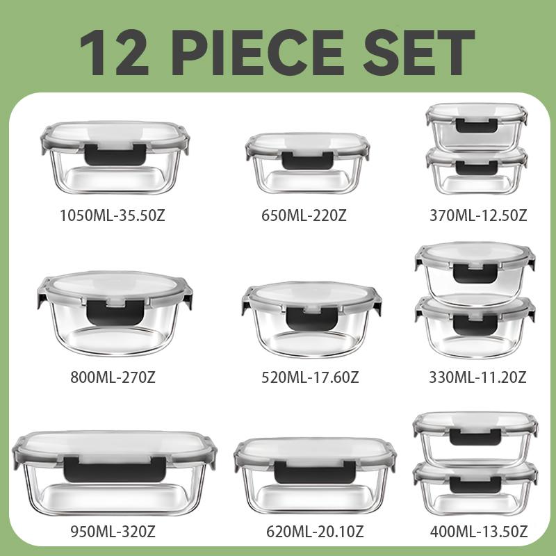 12pcs Glass Food Storage Containers with Leak-Proof Airtight Snap-Lock Lids Microwave Oven Freezer Dishwasher Safe Square Meal Prep Containers for Lunch Travel Reusable Kitchen Organizers Bento Box Salad Utensils Set Eco-Friendly Disposable Silicone