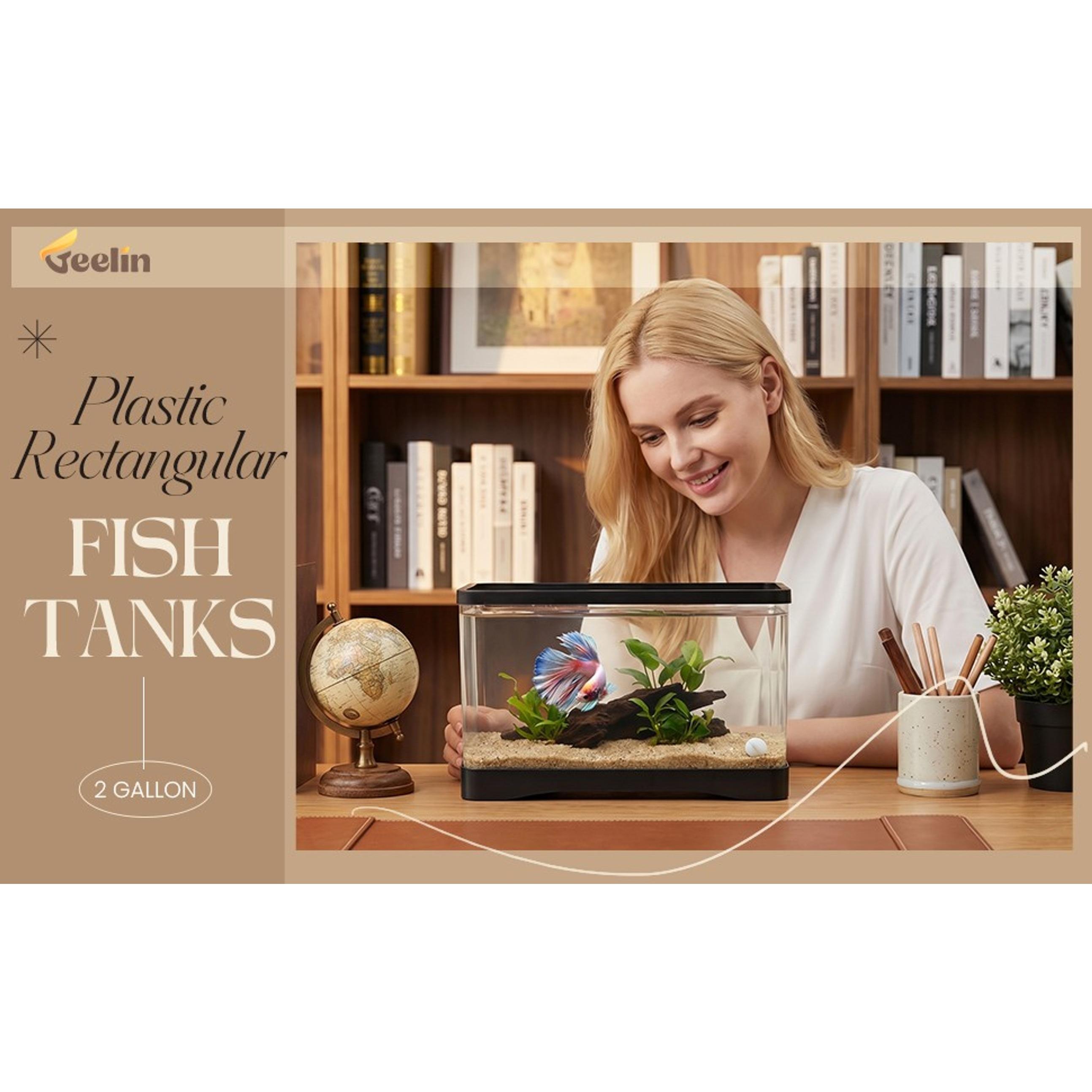 Geelin 2 Gallon Plastic Rectangular Fish Tank, Aquarium for Betta Fish Reptiles Succulents Flower Centerpiece, Shatterproof with Clear Clarity for Home Office Desktop Decors (White)