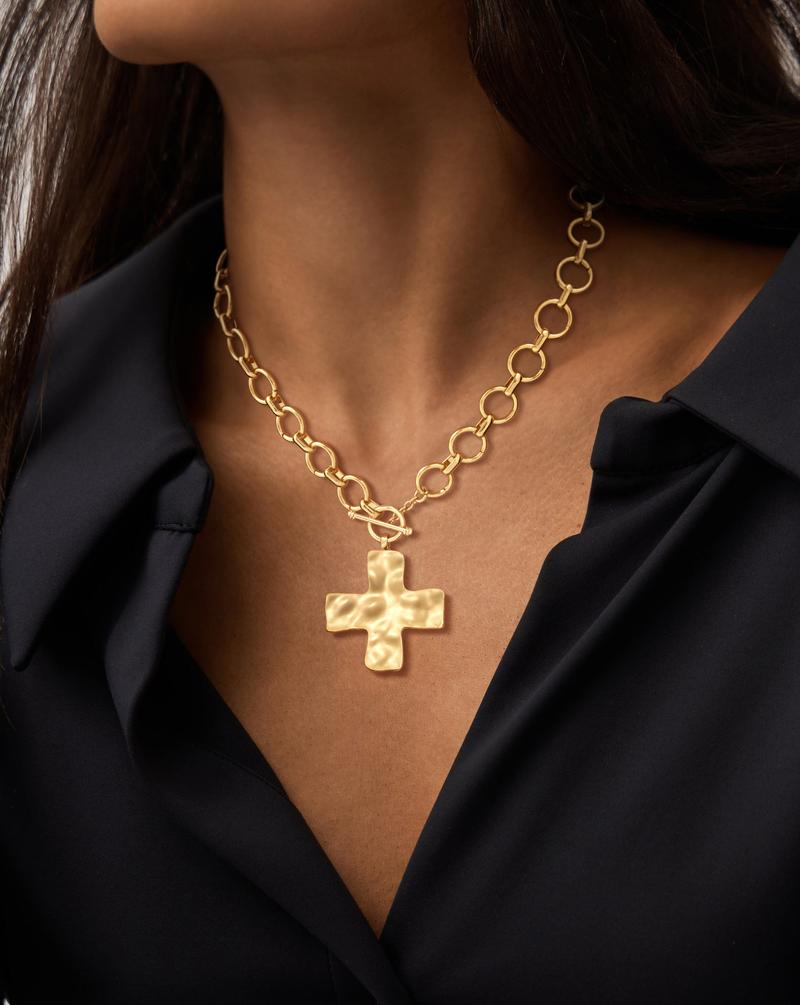 Tewiky Gold Chunky Necklace For Women Statement Cross Pendant Necklace Layered Hammered Bold Cross Necklace Vintage Toggle Clasp Necklace Jewelry For Valentine's Day gifts