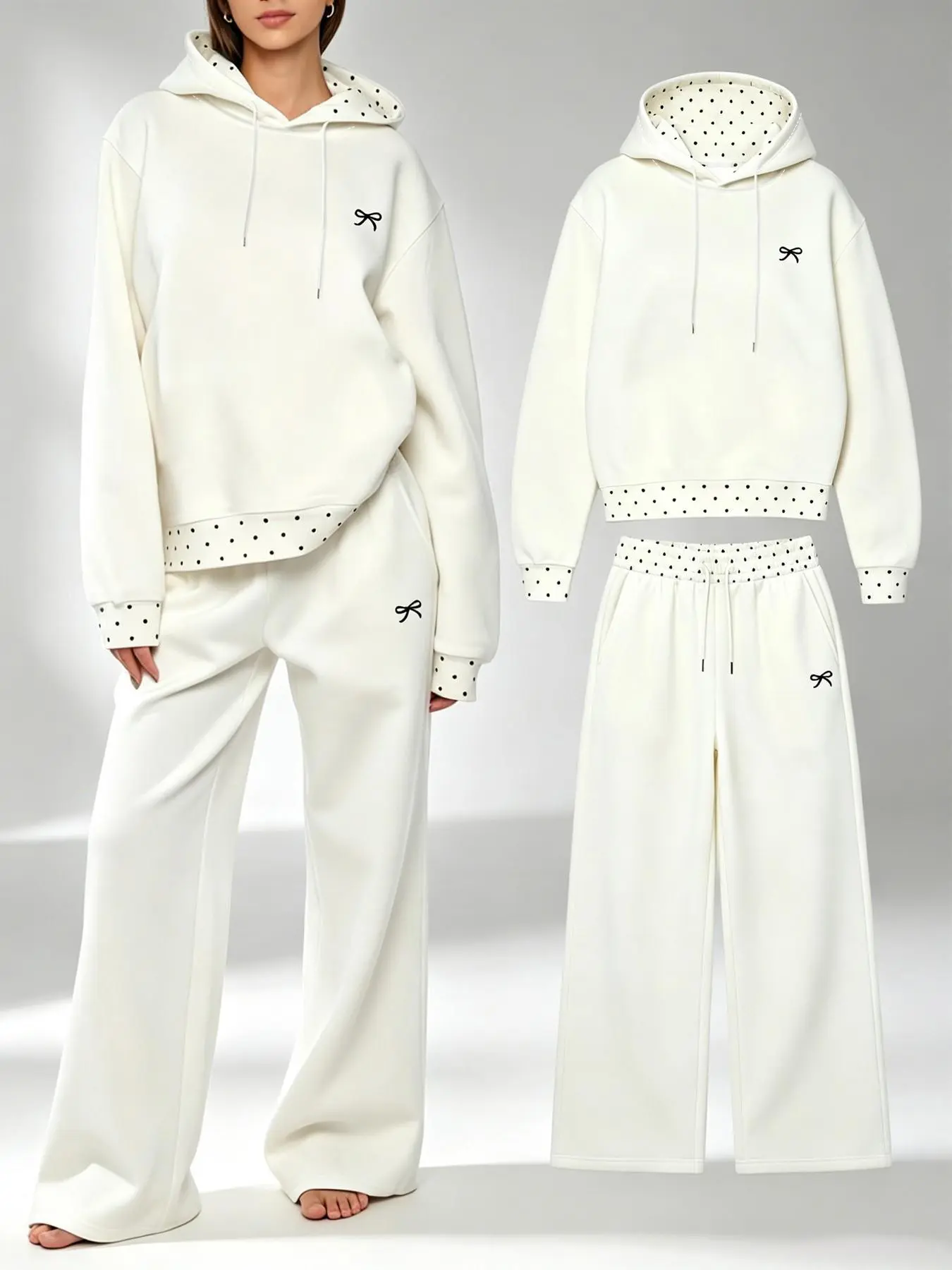 Polka Dot Bow Hoodie Set ✨ Soft and Comfortable Two-Piece Loungewear｜Loose Hoodie & Wide-Leg Pants, Stylish Simple Casual Street Style, Everyday Women's Autumn Polka Dot Sportswear #PolkaDotHoodieSet Clothes