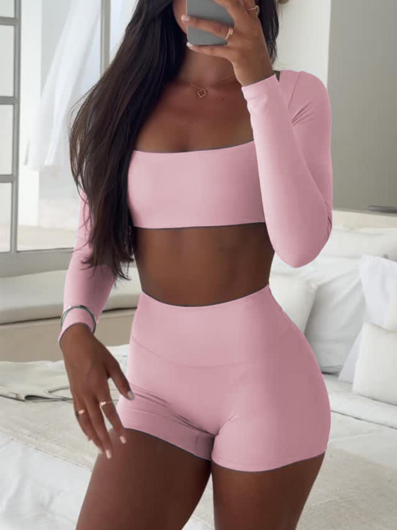 Women's Casual Sporty Long Sleeve Top & Shorts Set, Slim-Fit Thin Fabric for Fall Season, Comfortable Daily Wear Apparel, Sweatsuit Set