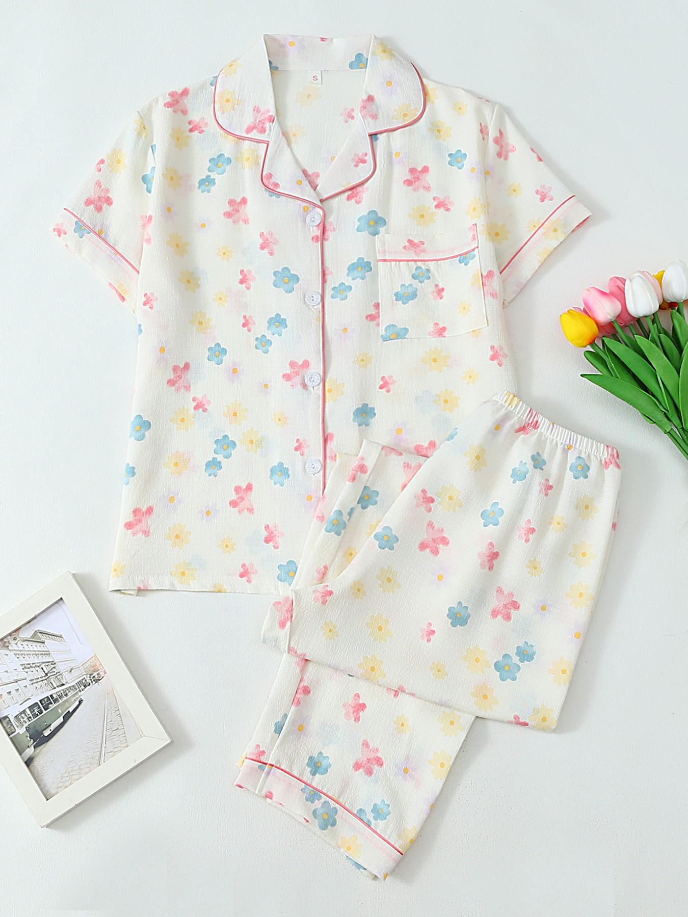 Women's Heart Print Short Sleeve Pajama, Casual Comfy Striped Print Lapel Neck Pocket Shirt & Pants PJ Set, Ladies Sleepwear for All Seasons, Loungewear