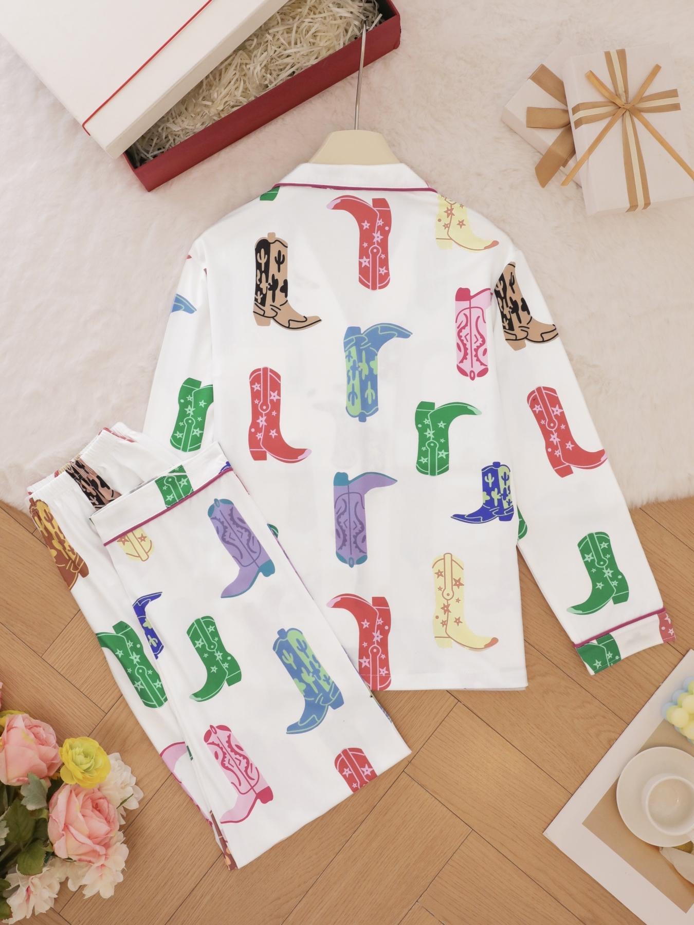 Women's Shoes Print Top & Pants Pyjama Set, Casual Comfy Long Sleeve Lapel Neck Top & Trousers Pyjama Set, Ladies Sleepwear for Spring & Fall, Casual Comfy Pajama