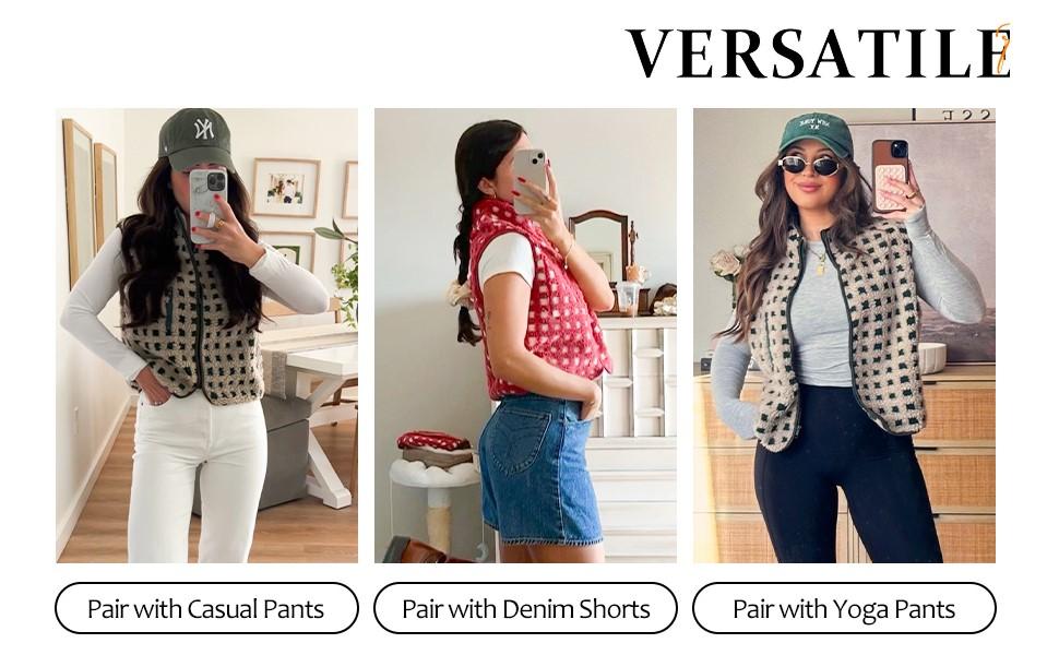 Tanming Womens Spring Checkered Sherpa Vest Sleeveless Fleece Jacket Zip Up Plaid Gilet with Pocket Casual Layering Tops
