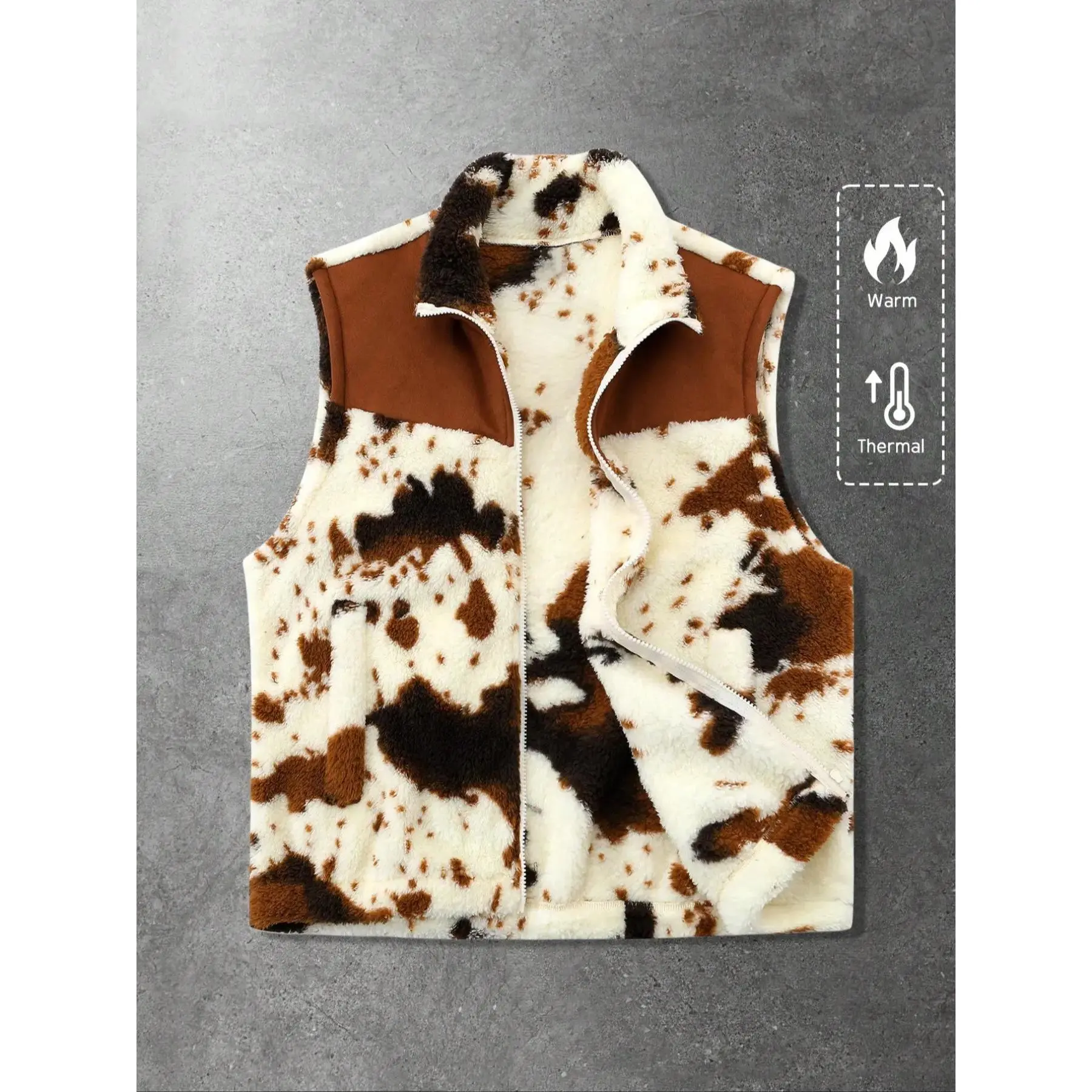 Autumn Winter Polyester Cow Print Patchwork Vest, Casual Fitted Sleeveless Top, Warm Daily Wear, Unisex Street Style Jacket, Waistcoats, Gilet