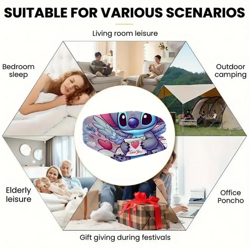 Cute Angel Stitch Cloud Theme Flannel Blanket, Light Blue Bottom, Winged Stitch Hugging Heart Card, I Love You Design, Valentine's Day Gift