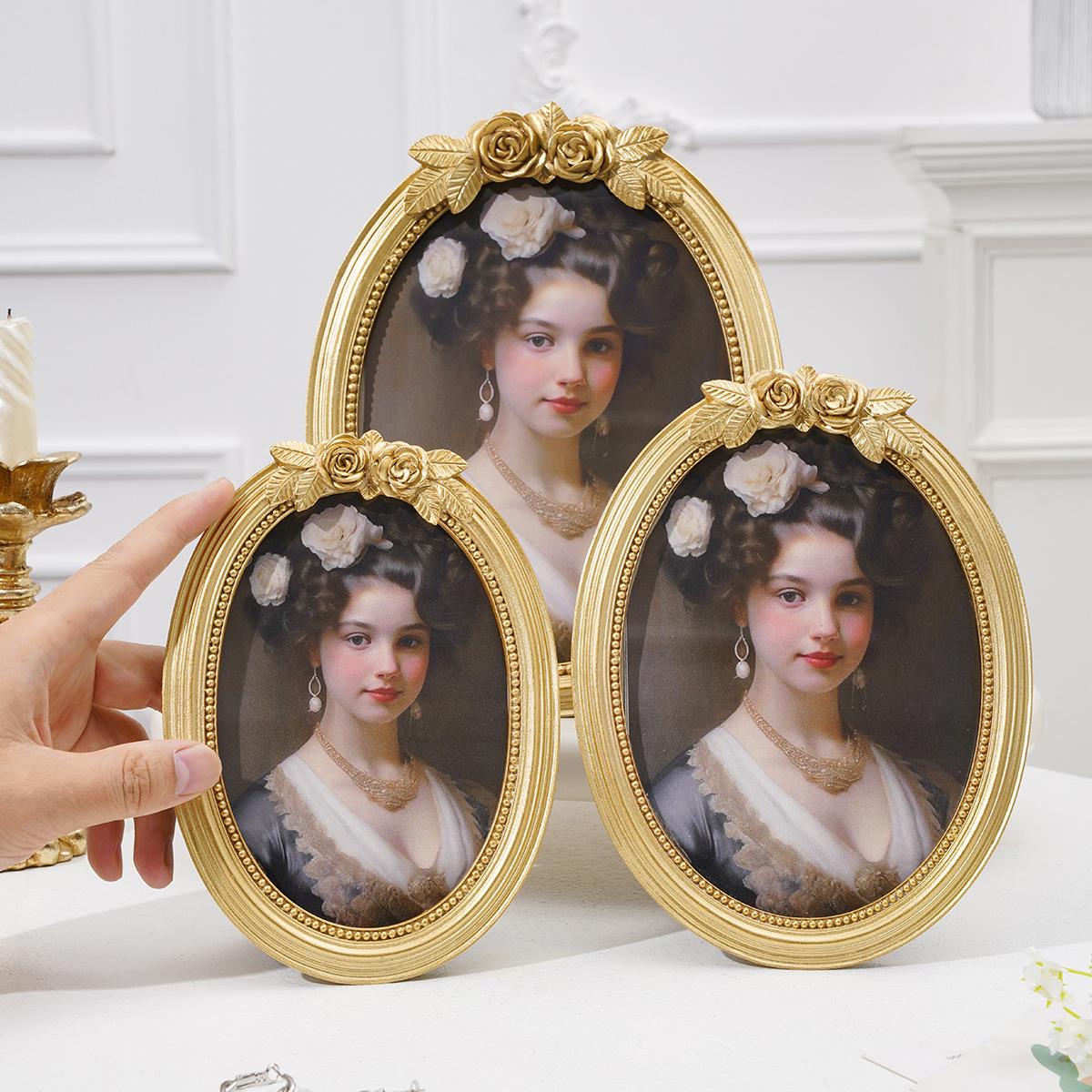 European Vintage Rose Carving Oval Photo Frame, Resin Material Hand-Painted, Home Decor for Bedroom, Living Room, Office