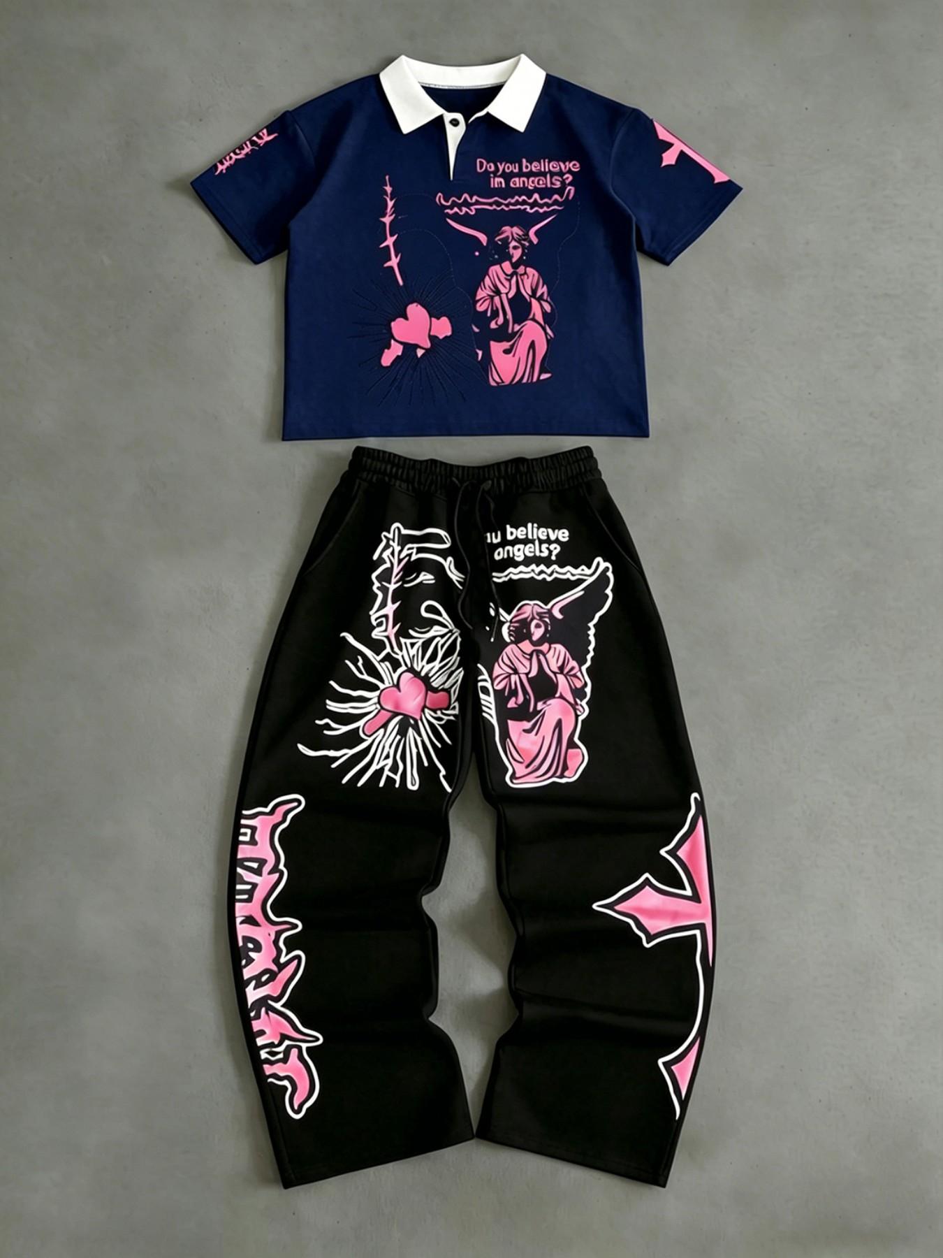 Y2K Streetwear Oversized Angel Graphic Polo Tracksuit Set, Gothic Pink Print 2 Piece Outfit, Casual Baggy Jogger Sweatpants & Crop Top, Harajuku Grunge Aesthetic Streetwear for Teen, Y2K Fashion 2026, Street Style Tracksuit