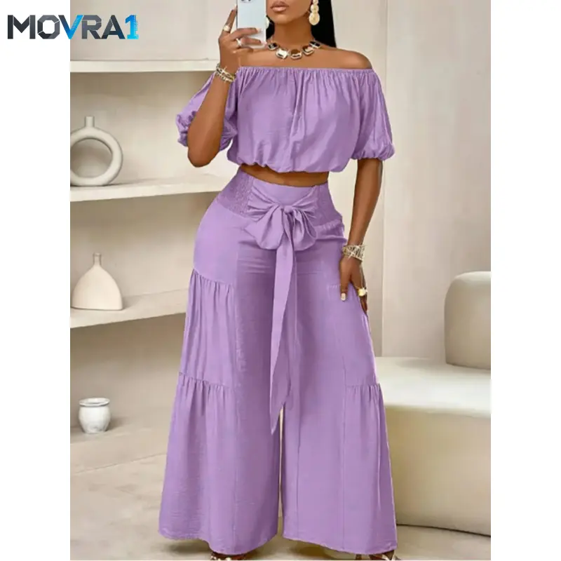 MOVRA1 Two-piece Set Women's Solid Color Top & Wide Leg Pants Set, Womenswear, Fitted Casual Fashion Cozy Top & Trousers Daily Outdoor Wear, Ladies Clothes
