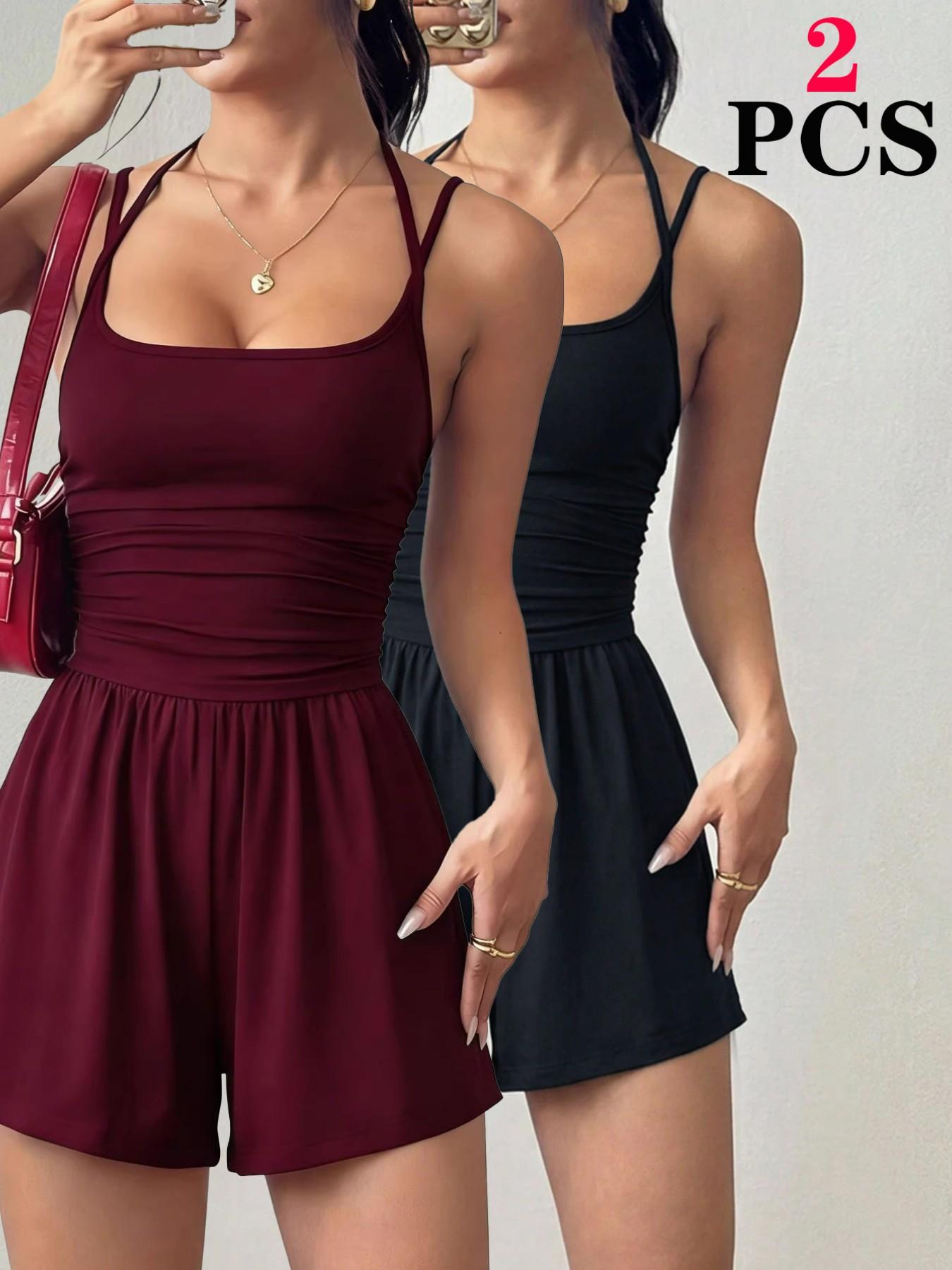 Women's 2026 Versatile Casual Fitted Backless Jumpsuit, Spaghetti Strap Smocked Bodice Flattering Slim Fit Elegant One-Piece Romper for Club Evening Date Vacation Daily Wear