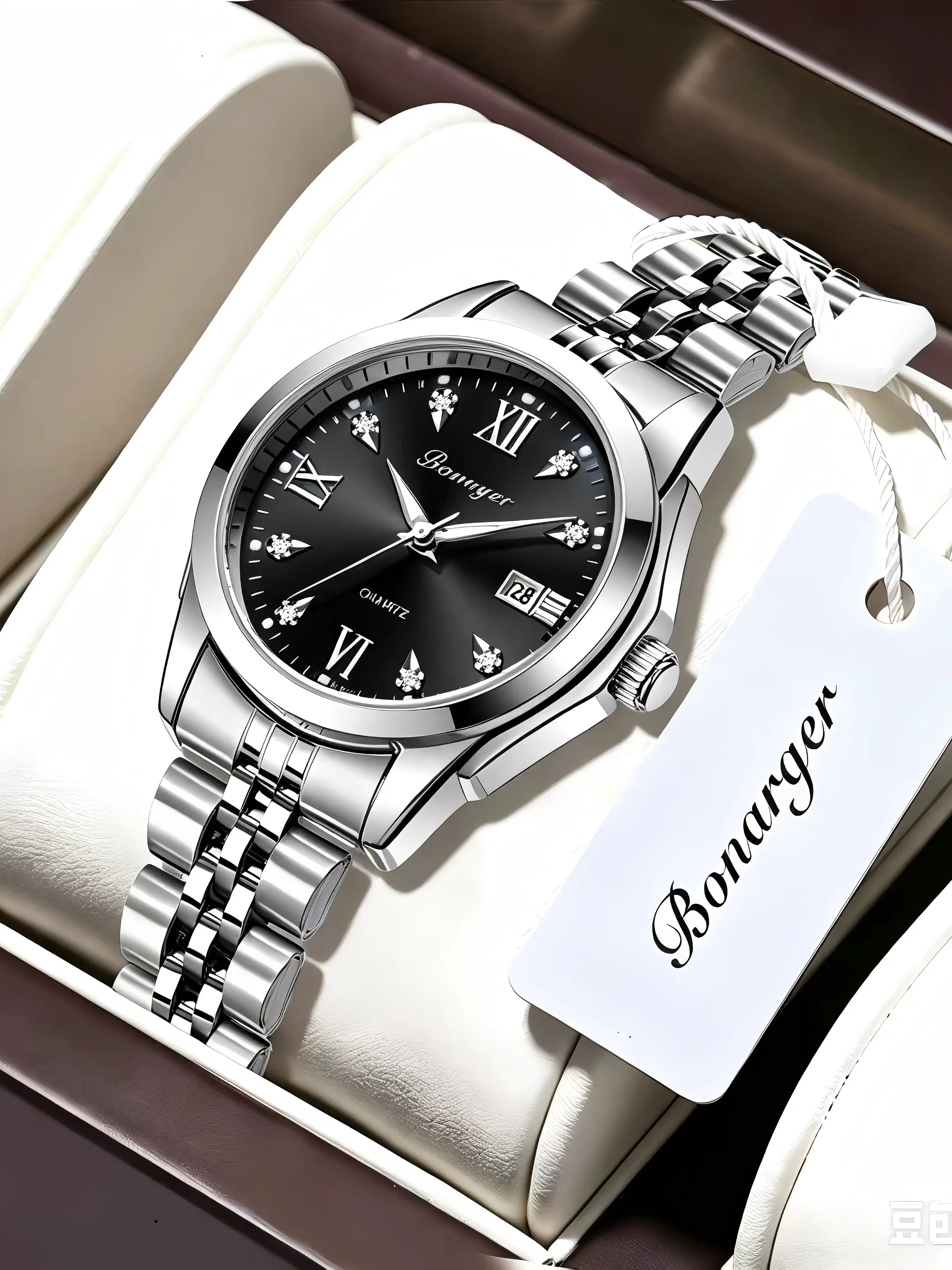 Elegant Women's Quartz Analog Watch, Rhinestone Dial & Roman Numerals, Stainless Steel Band, Calendar Function, Perfect for Daily Wear & Gifts