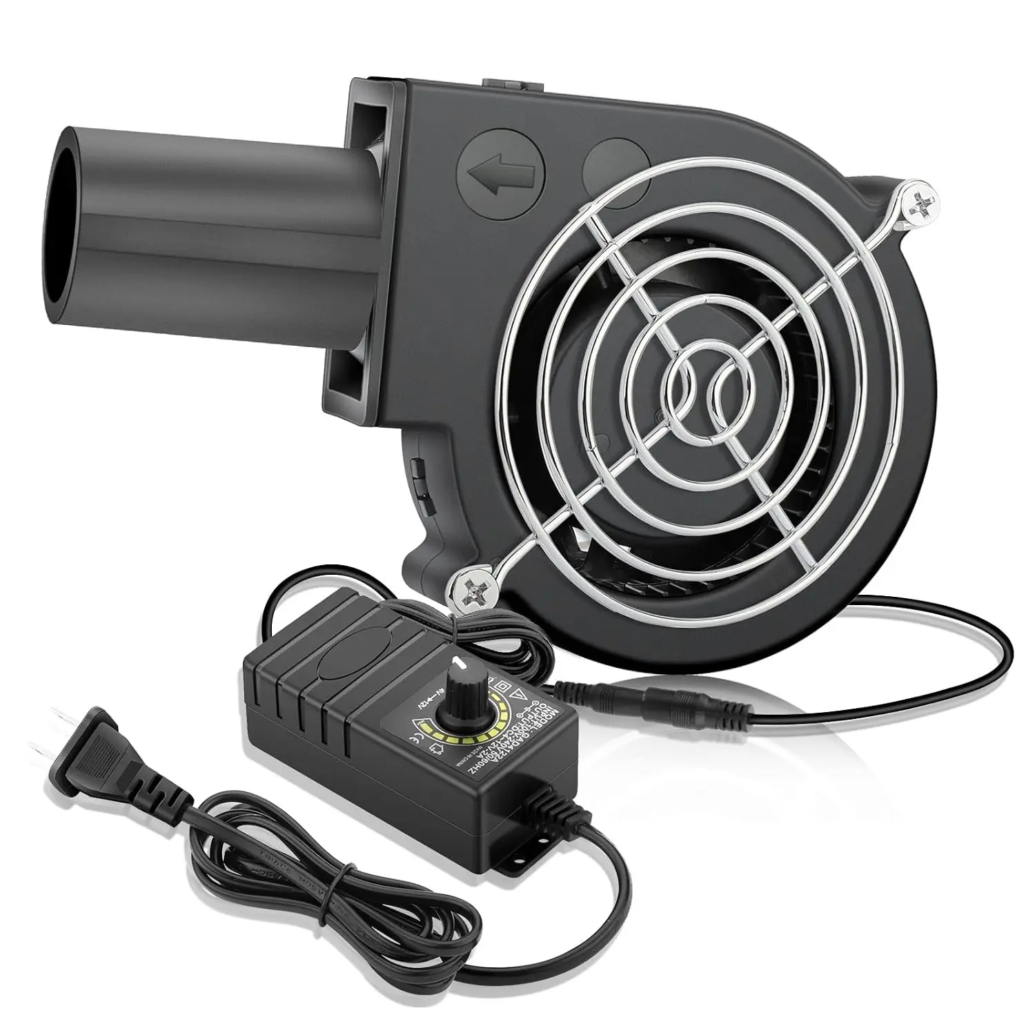 9733 Small Centrifugal BBQ Blower Fan with Variable Controller 120V–240V AC power plug, for camp,grill,wood stoves,furnace,forge fire bellows and charcoal starter projects