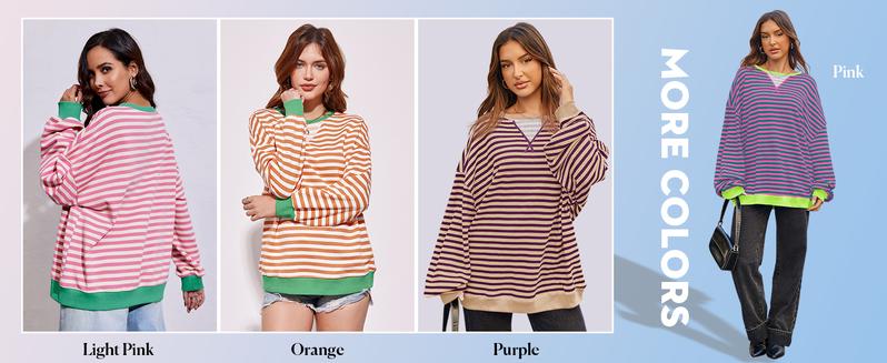 FISOEW Womens Striped Oversized Sweatshirt Color Block Crew Neck Long Sleeve Shirt Casual Loose Pullover Top Y2K Clothes Hoodie denimtearhoodie pink palm zip hoodie graphic zip Leg Baggy Womenswear Cotton