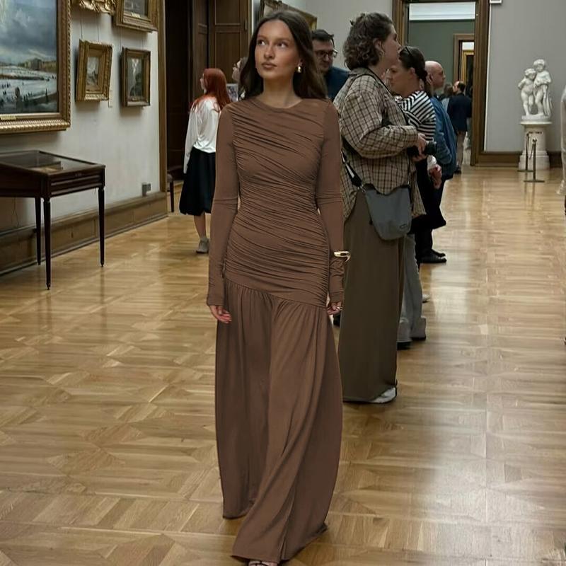 Women's Solid Ruched Round Neck Long Sleeve Pleated Dress, Elegant Plain Patchwork Plicated Slim-fitting Long Dress, Party Club Date Evening Gown Formal Dress, Ladies Spring Fall Winter Casual Dresses Clothes Wear, Formal Bodycon Dress