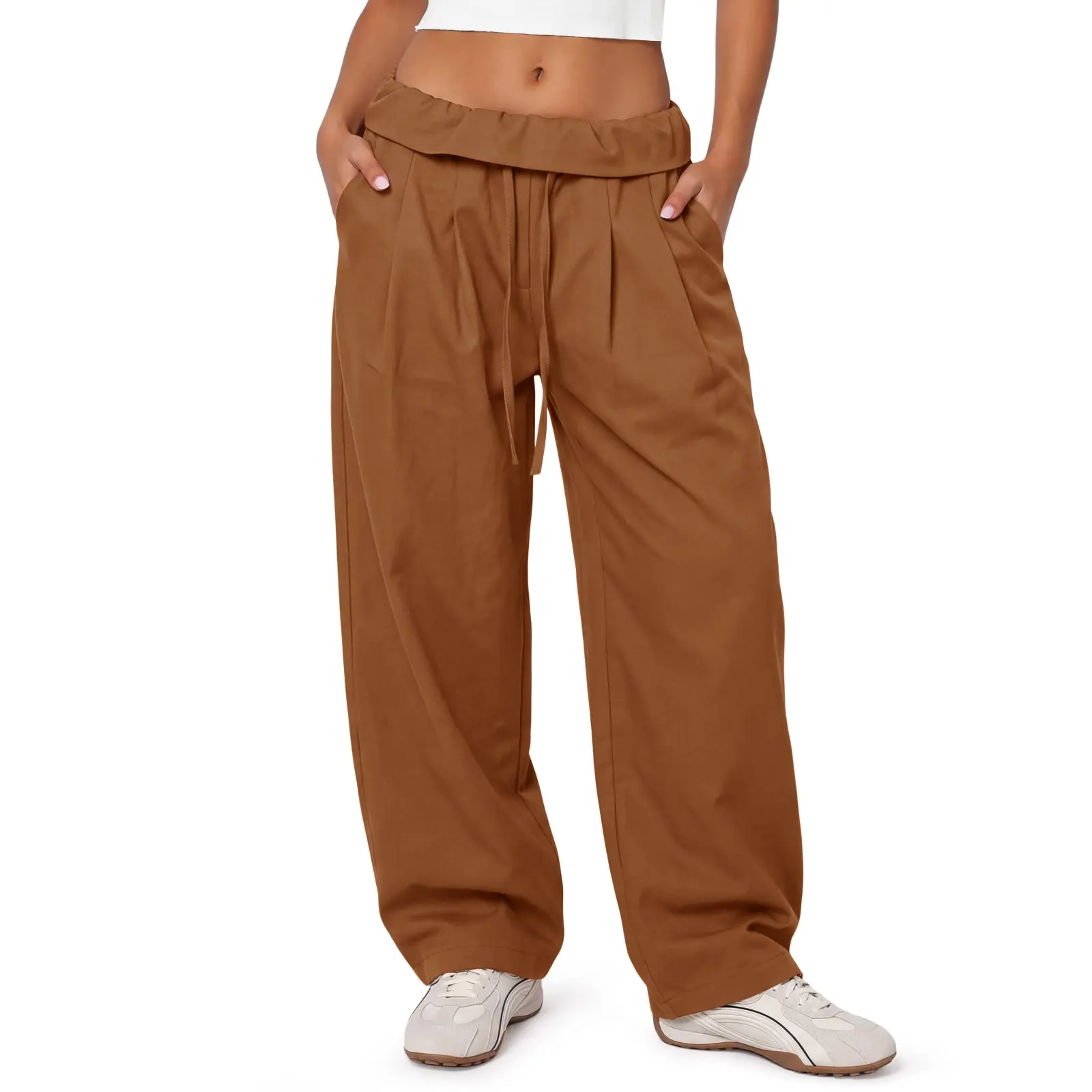 Aoysky Women's Fold-Over Wide-Leg Cargo Pants, Polyester Blend Diagonal Twill, Loose-Fit Cut, Drawstring Waist, Machine Wash Safe Baggy Trousers, Balloon, Oversized, Bottoms