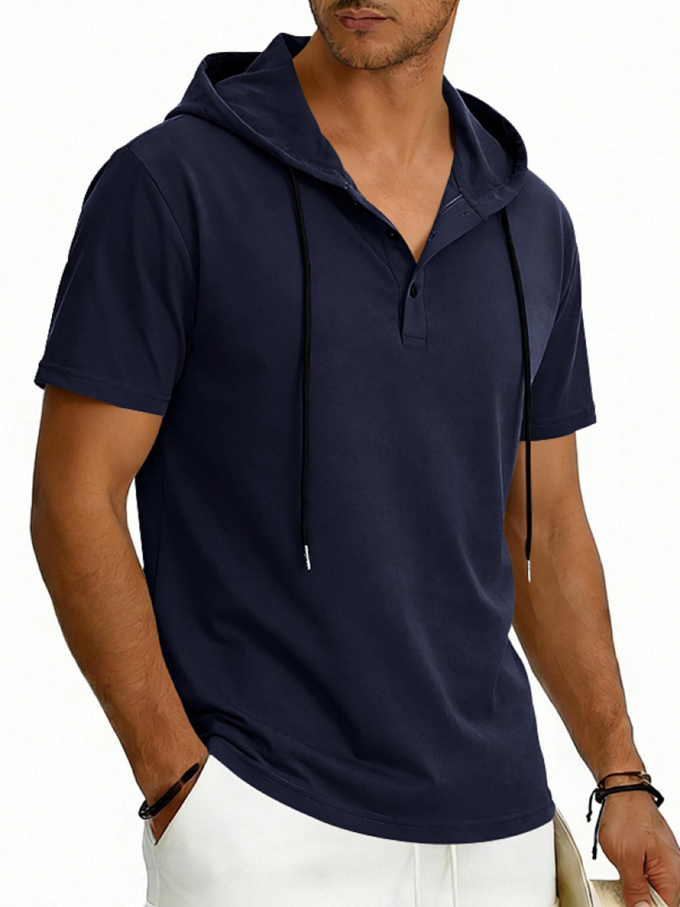Men's Loose Fit Vintage Hooded Henley Shirt, Short Sleeve Summer Casual Top, American Style Cross-Border Fashion Apparel