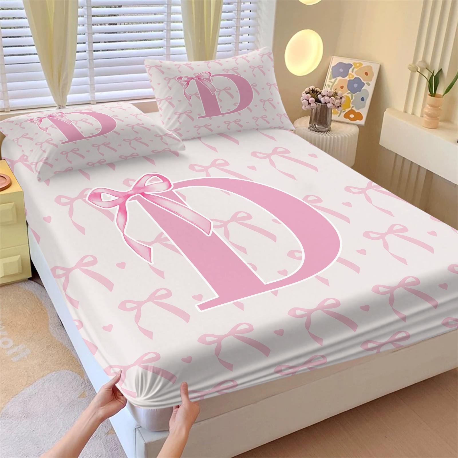 3Pcs Pink Bow Fitted Sheet Set, Custom Initial Sweet Print, Breathable Non-slip Fit, Ideal for Bedroom Dorm Home Decor