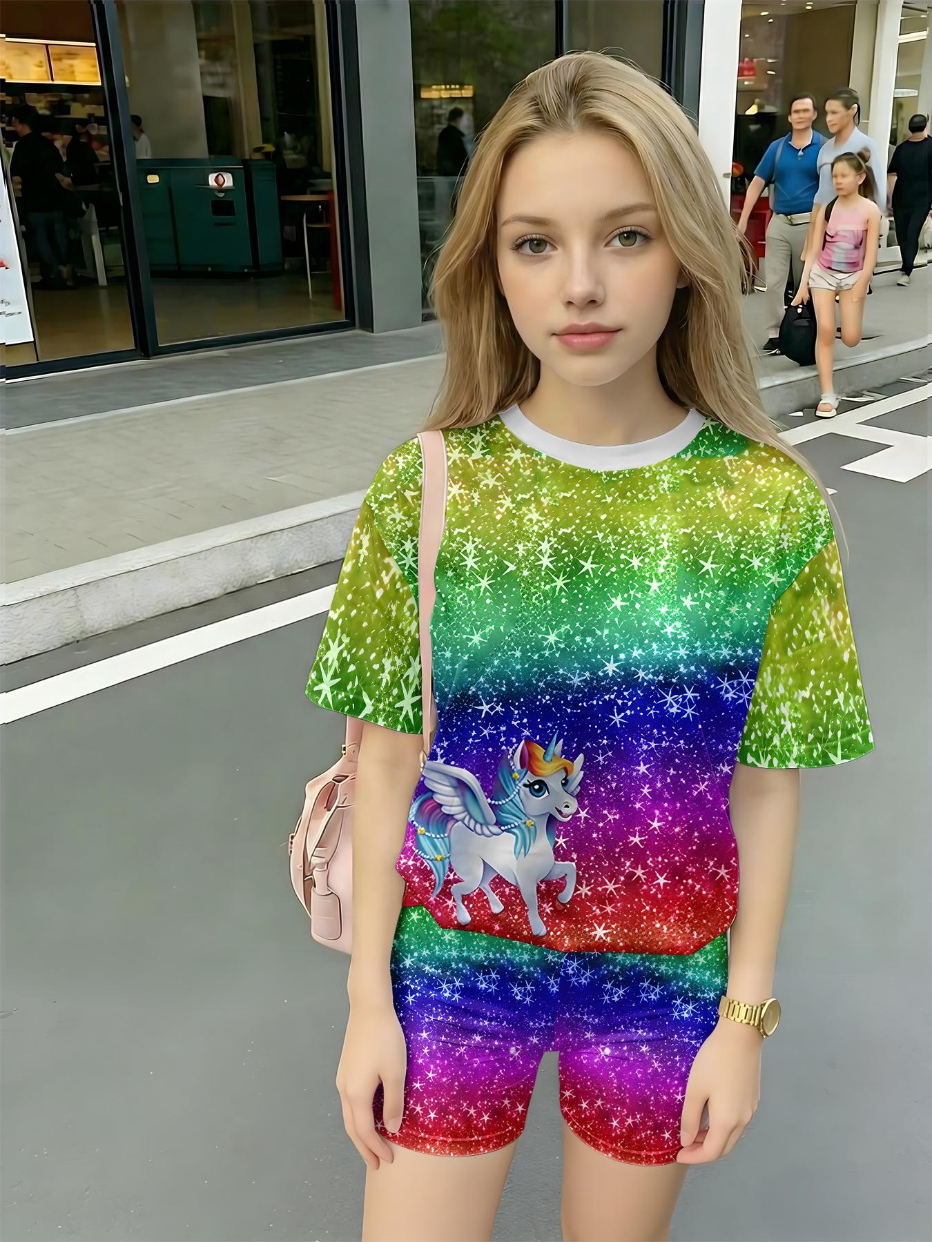 Girls Summer Rainbow Gradient Unicorn Set, Kids Dreamy Galaxy Pegasus Short Sleeve & Shorts Two-Piece Outfit