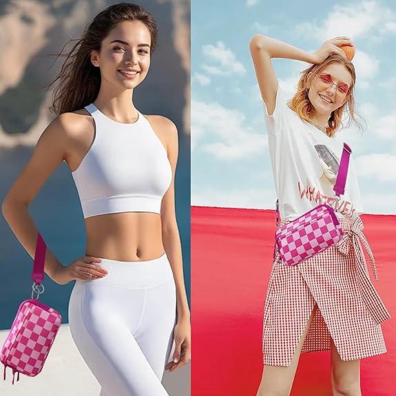 Checkered Wristlet Wallets for Women Nylon Quilted with 4 Zippers Travel Credit Card Holder Cell Phone Organizer Coin Purse Crossbody Key Bag with ID Window RFID Blocking Compact Pouch