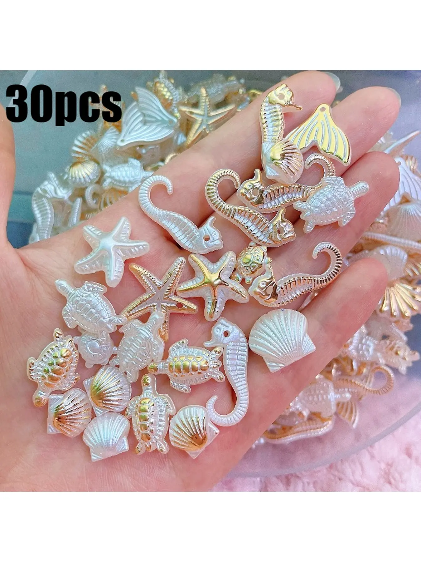 30/51pcs Ocean Theme Beads, Colorful Shell, Conch, Seahorse & Starfish Shape Beads with Holes for DIY Bracelets, Phone Charms, Hair Accessories & Jewelry Making