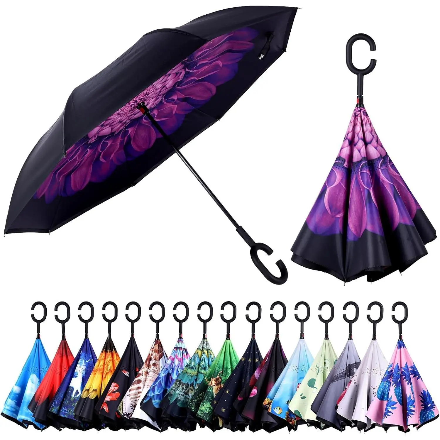 Inverted Umbrella, Windproof Reverse Umbrellas for Rain and Sun | Upside Down Design, 49 Inch, Double Canopy, C-Shaped Handle, Self-Standing, Drip-Reducing for Car Entry and Commuting