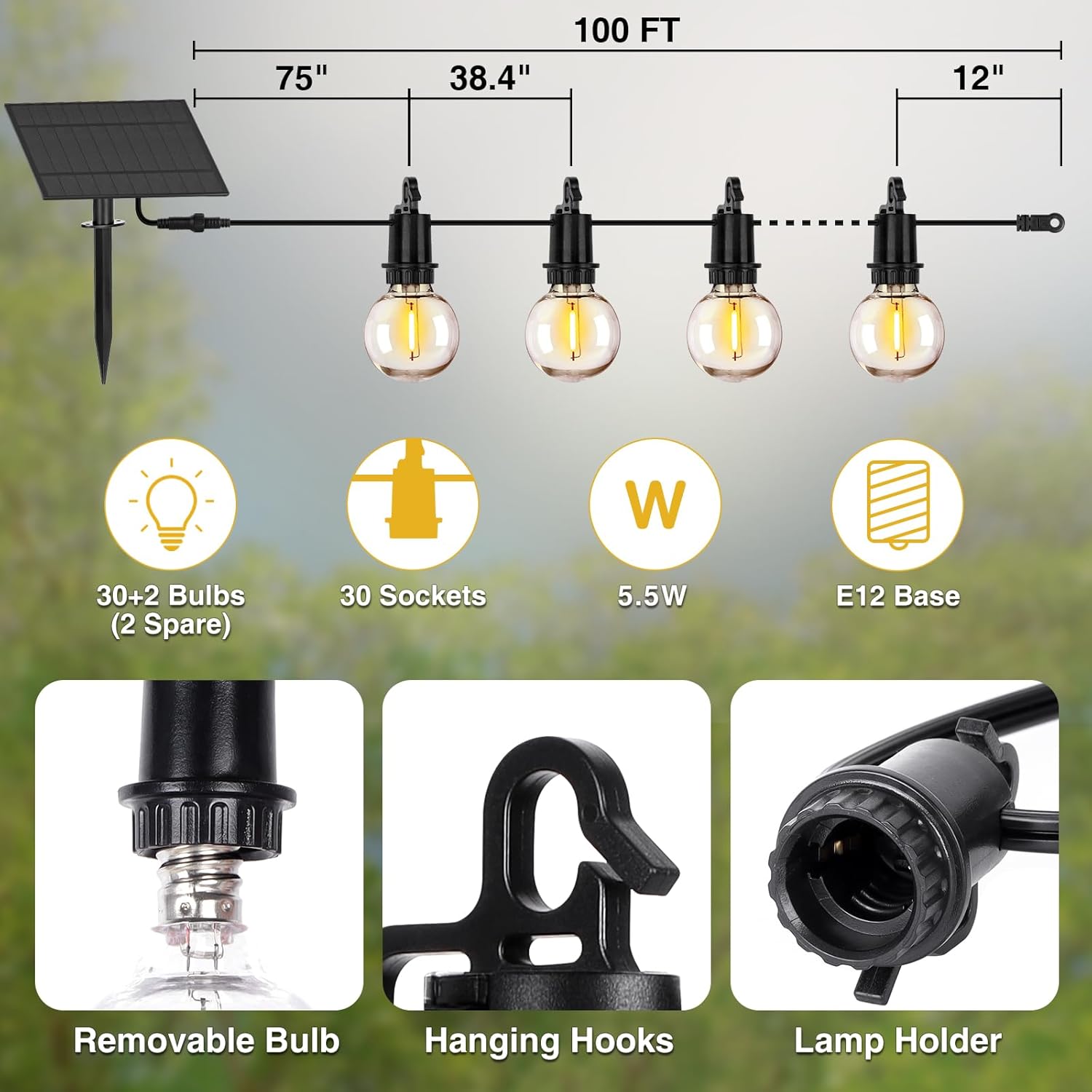 100FT Solar Lights Outdoor Wateroproof, Solar String Lights with Remote USB Port 32 LED Shatterproof,Dimmable Outdoor Lights Long Last for Garden, Patio, Backyard, Yard, Camping Christmas Light