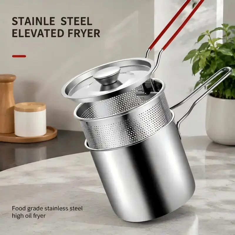 Stainless steel frying pan set 4.53 * 4.72 single mini pan, including frying pan, filter basket and food clip, rust proof portable cookware, suitable for home kitchen potato chips, chicken wings Fryer with basket