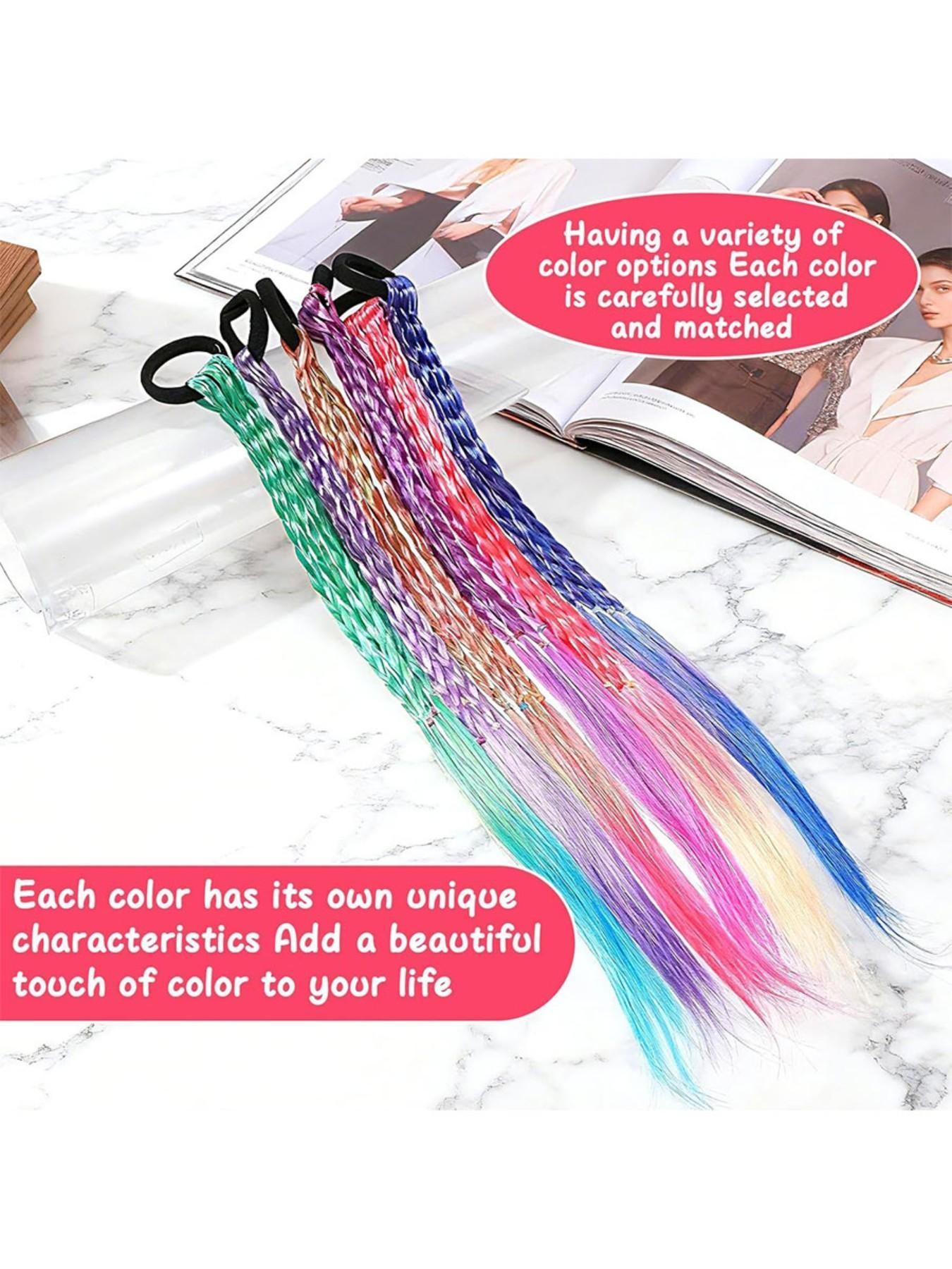 Girls' rainbow braid hair extensions, children's ponytail hair extensions, girls' hair accessories, challenging braid hair extension styles, 6 crazy accessory headbands