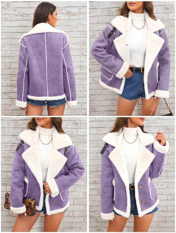 BIGWIG Lapel Plush Jacket Winter Warm Casual Outwear Women's Clothing Long Sleeve Suede Faux Sherpa Fur Lined Coats Basic Minimalist Pink Color