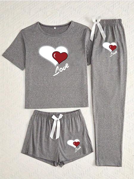 Women's Heart Print Pajama Set, Casual Fitted Sleepwear, All-Season Comfortable Nightwear, Three-Piece for Women, Loungewear