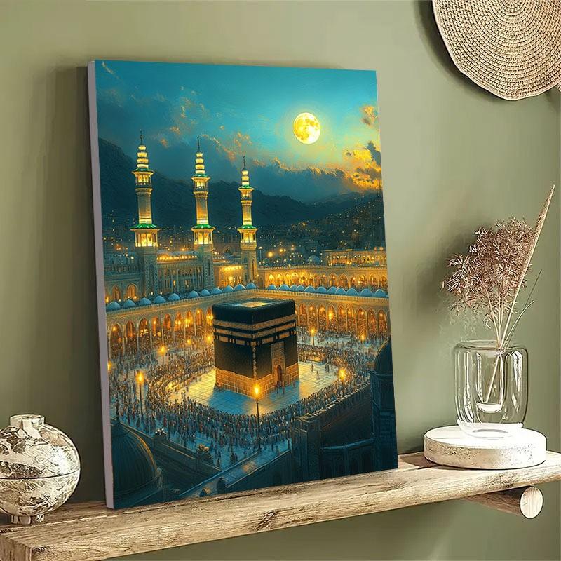 Islamic Mosque Mecca Kaba Night Scene Wall Art, Home Decor for Living Room, Bedroom, Office, Muslim Gift, Religious Art, HD Print, Modern Spirituality