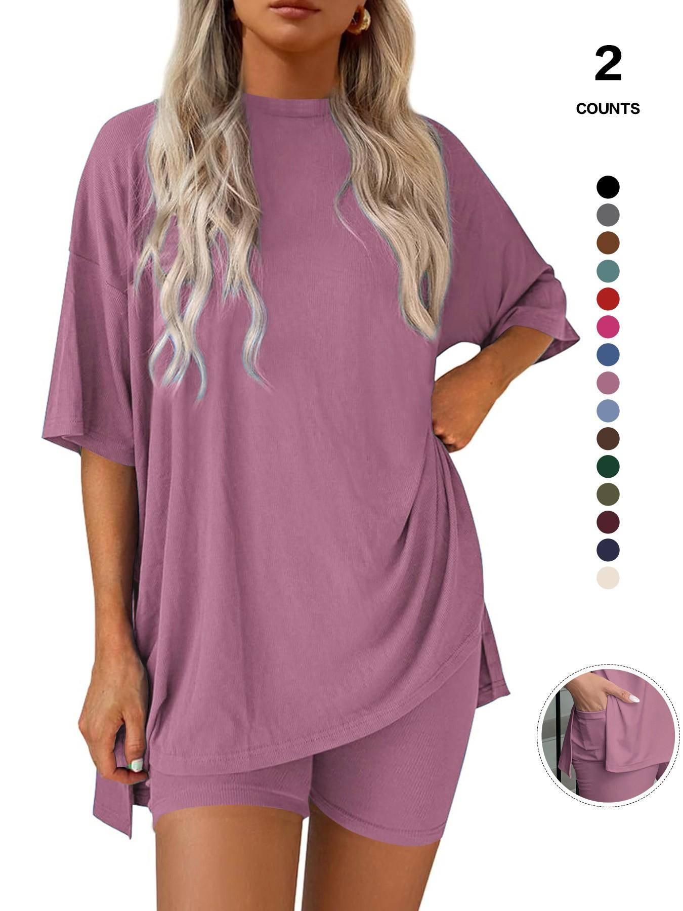 Cozy Mama Lounge Set, Women's 2-Piece, Crew Neck Oversized T-Shirts, Comfortable Home Wear, Perfect for Relaxing at Home