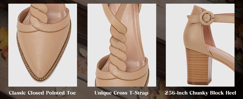 Imily Bela Womens Block Chunky Heels T Strap Dress Shoes Closed Toe Braided Stacked Heeled Sandals Pumps