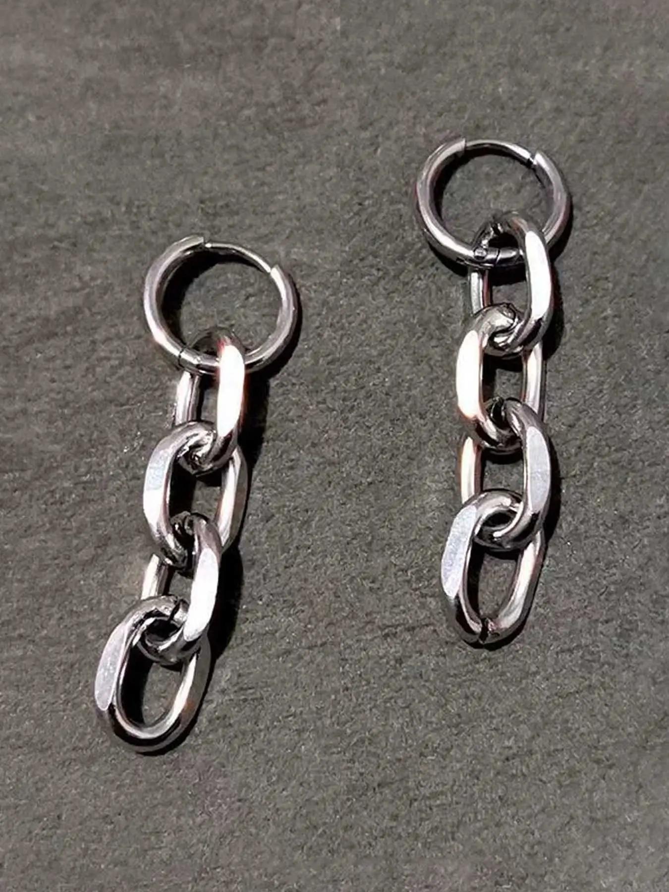 1 Pair Hip-hop Punk Thick Chain Beaded Stainless Steel Earrings, Simple Rock Style, High Quality Unisex Earrings for Men & Women, Ideal for Personalized Parties & Streetwear