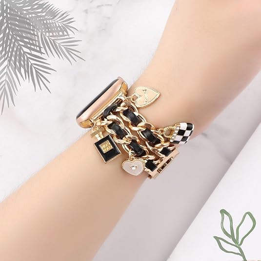 Wearable Chic Wristband for Apple Watch 38mm-49mm, Metal Chain Charms, Unique Pendants, Replacement Strap, Stylish  Series 1-9 and 10  Bands for Women Anniversary Christmas