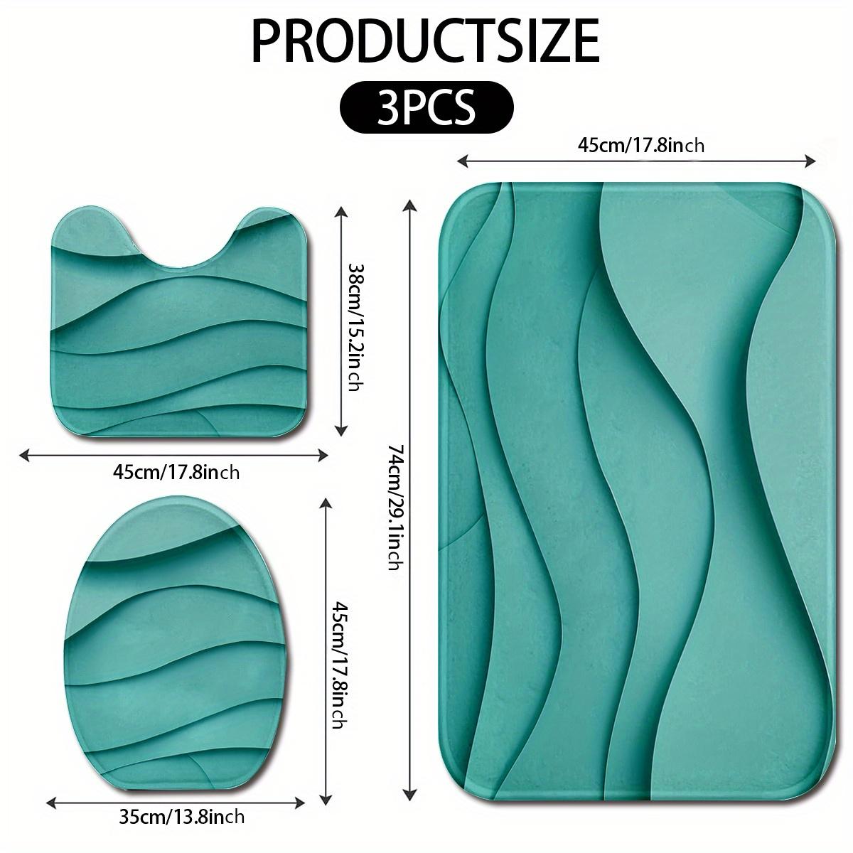 3pcs Green 3D Wave Pattern Bathroom Mat Set, Soft Flannel, Toilet Lid Cover, U-Shaped Toilet Mat, 100% Polyester, Modern Design, Home Bathroom Decor, Stylish Bathroom Accessory, Bathroom Rug Se
