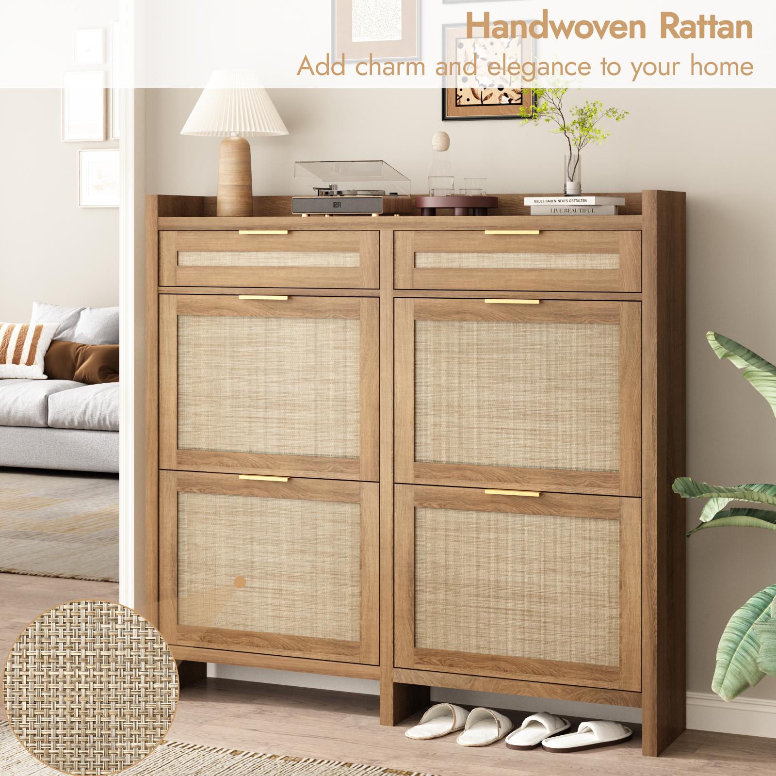 PieDle Furniture Boho-Chic Rattan Shoe Storage with Drawers for Home Entries