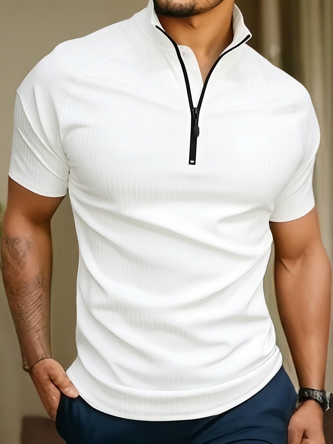 Men's Slim Fit Short Sleeve Quarter Zip Pullover, Quick-Dry Breathable Ribbed Sport T-Shirt, Ideal for Gym, Running, Casual Wear, All Seasons