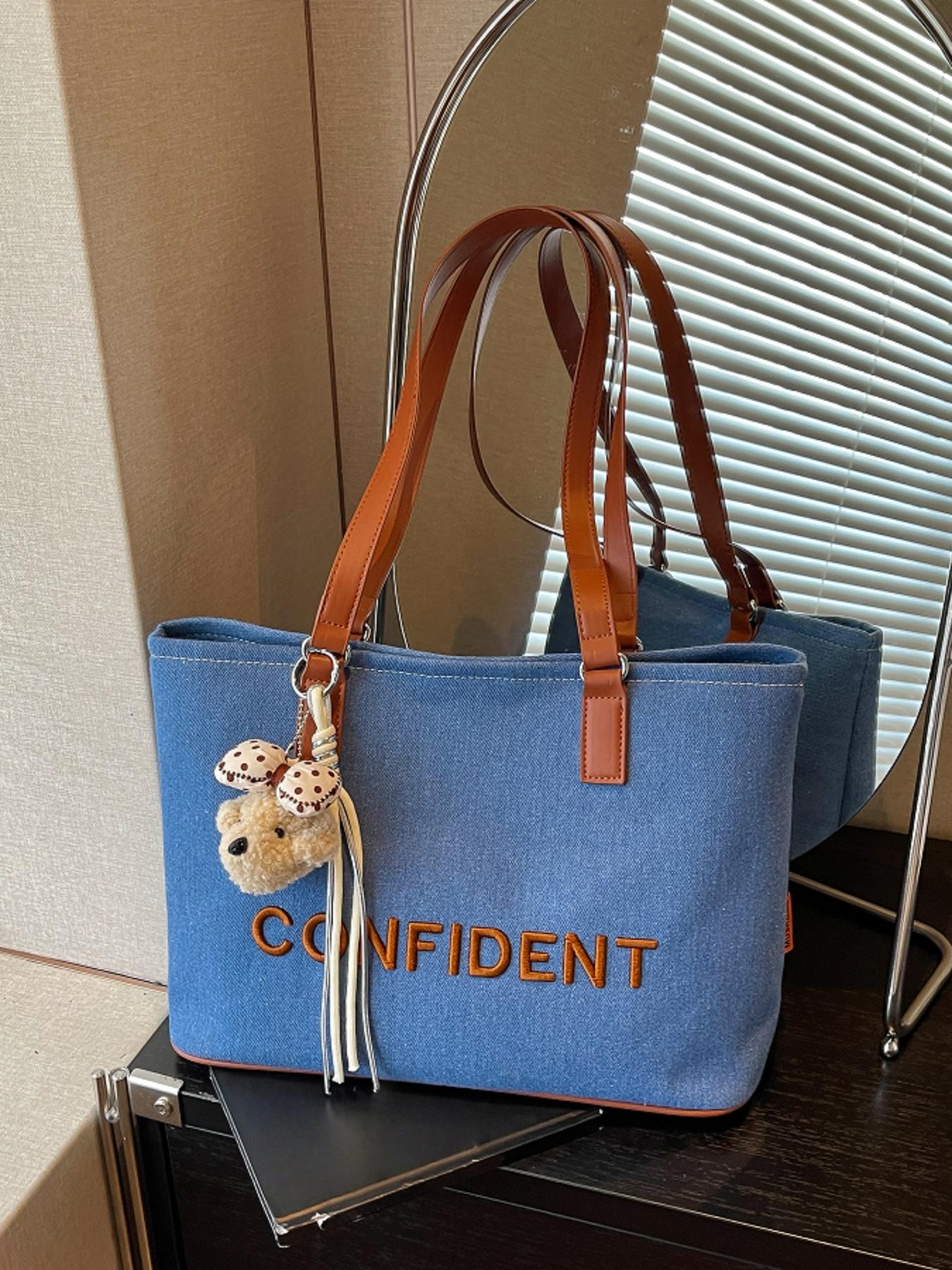 Fashionable and lightweight luxury large-capacity letter-embroidered tote bag, convenient and niche with cute bear pendant for daily commute shoulder/handbag
