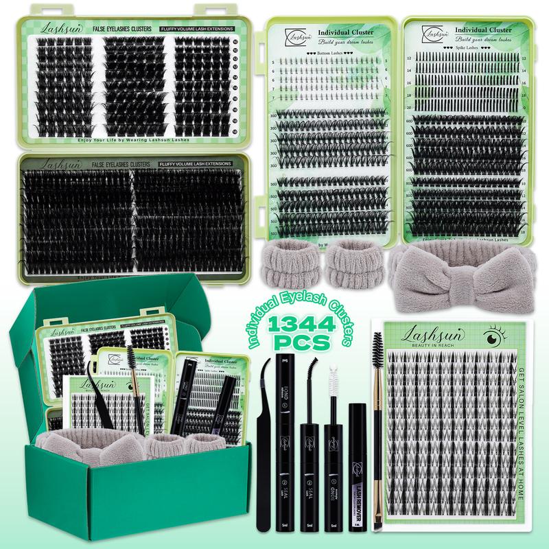 1344PCS/650PCS/540PCS Lash Kit, Eyelash Extensions, D Curl 11 Styles Mixed Length Bottom/Spikes/3D Effect with Bond&Seal Lash Remover Brush Lash Applicator Headband Wristband set, Beginners&Proficient, DIY at Home Easily, for Makeup Daily