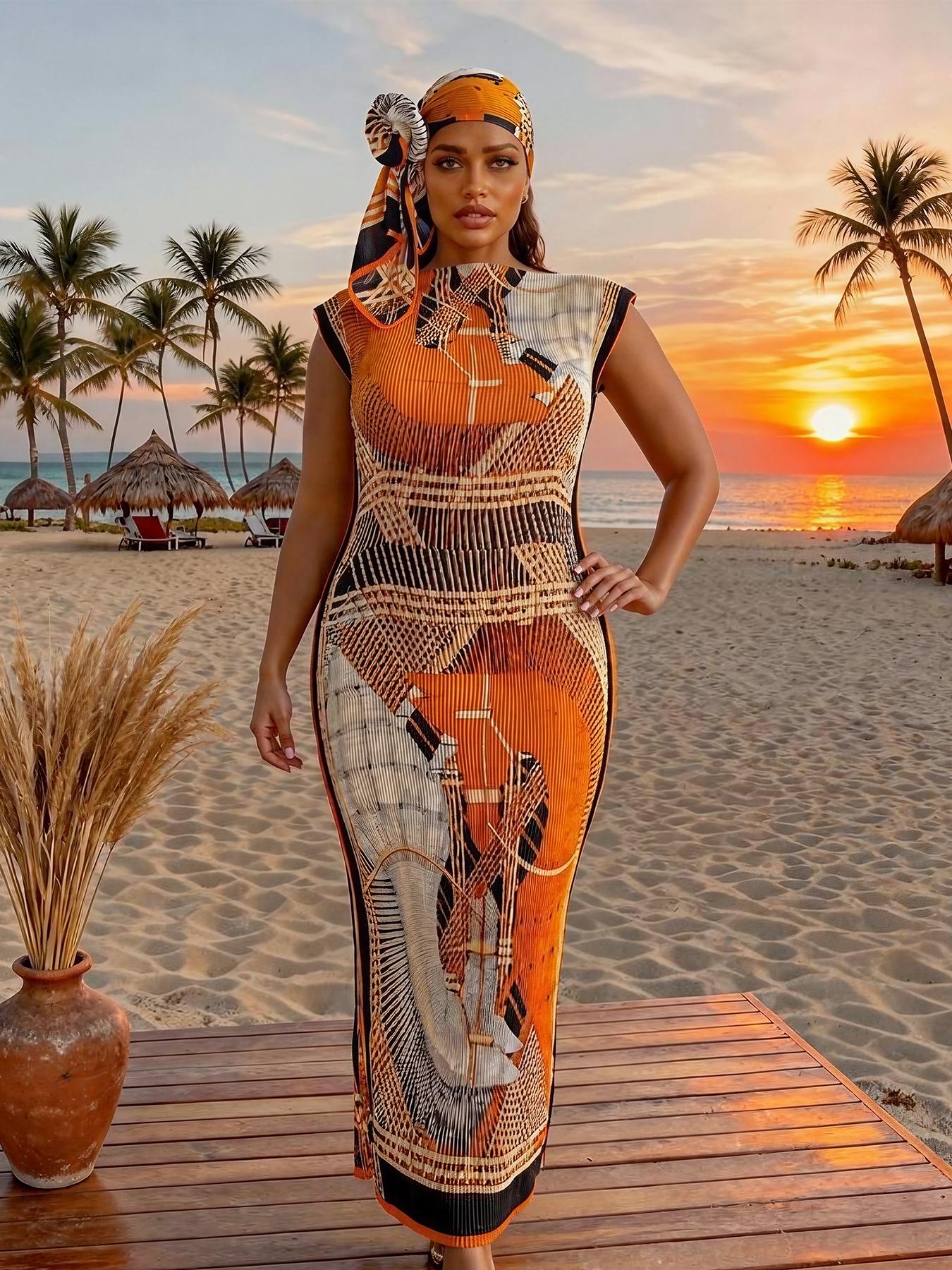 Women's Elegant Animal Print Long Dress Set, Slim-Fitting Moo Moo Skirt & Scarf, Beach Sun Protection Shawl, All Seasons Fashion