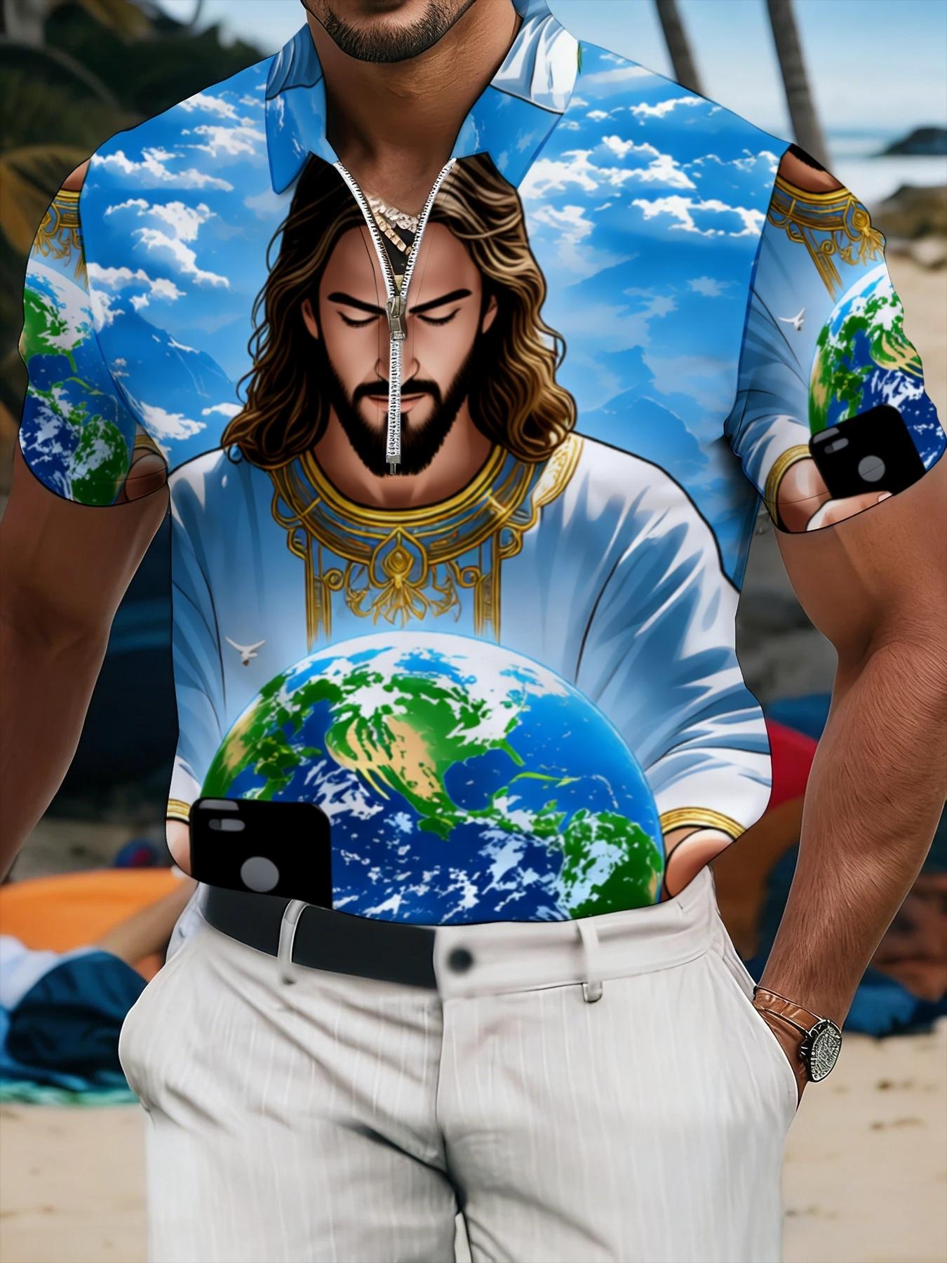 Short Sleeve Zipper Polo Shirt with Planet Pattern Print, Men's Summer Trendy Casual Top, Beach Vacation Printed Style