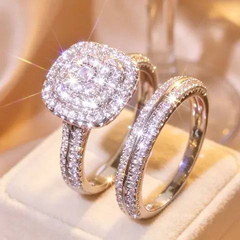 Luxury Double Halo Cushion Bridal Ring Set, Stackable Pave Band 2-Piece Engagement Set, Elegant Wedding Ring Set for Ladies Anniversary Birthday Gift