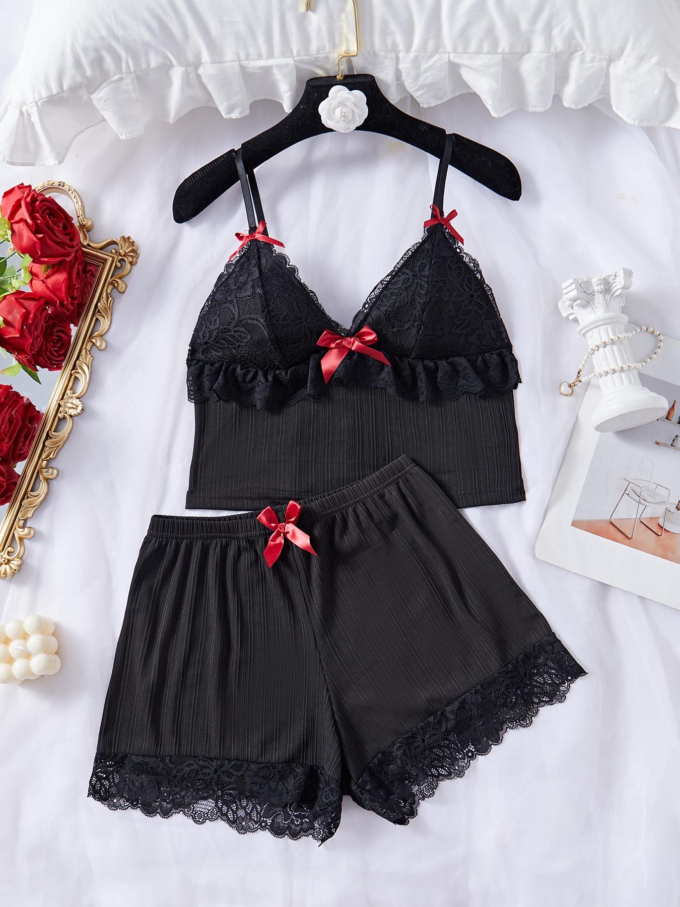 Women's Contrast Lace Bow Decor Ribbed Pyjama Two-piece Set, Cute Elegant Adjustable Spaghetti Strap Ruffle Trim Crop Camisole & Elastic Waist Shorts Pj Set, Ladies Sleepwear for All Seasons, Aesthetic Womenswear, Lingerie Nightwear