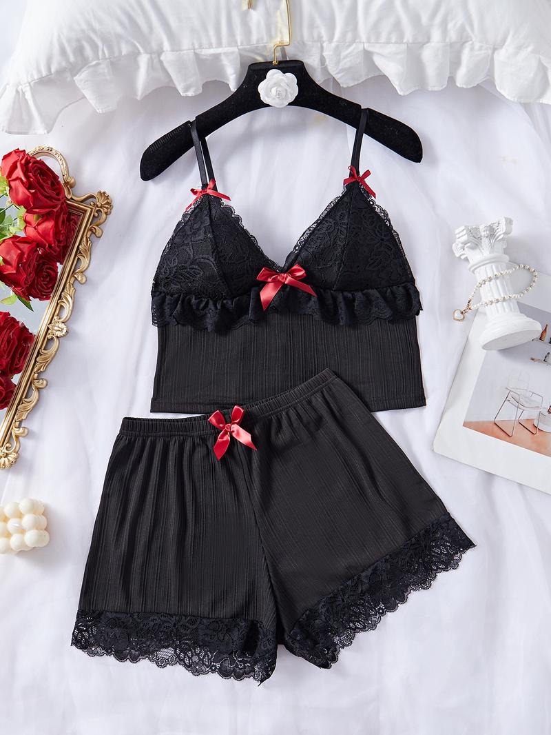 Women's Contrast Lace Bow Decor Ribbed Pyjama Two-piece Set, Cute Elegant Adjustable Spaghetti Strap Ruffle Trim Crop Camisole & Elastic Waist Shorts Pj Set, Ladies Sleepwear for All Seasons, Aesthetic Womenswear, Lingerie Nightwear